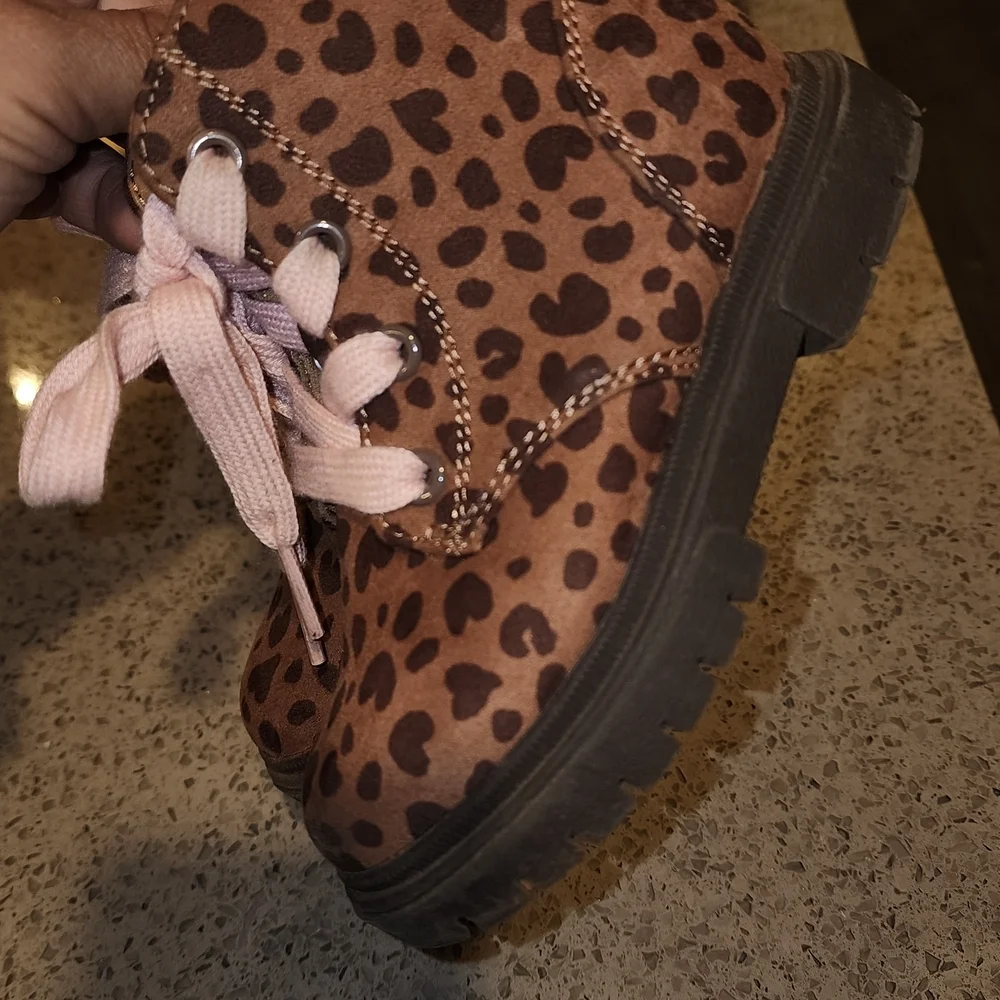 Cat & Jack Girls' Brown Leopard Print Lace-Up Boots with Pink Laces